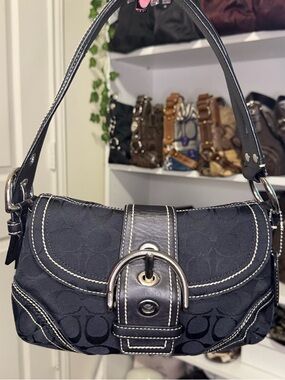 Coach Black Signature Monogram Mini Soho Shoulder Bag with Silver Hardware